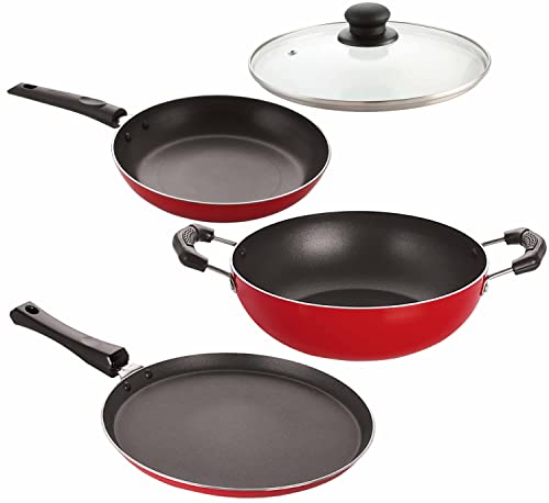 Image of Nirlon Non-Stick Aluminium Cookware Set, Red & Black -4-Pieces (Flat Tawa|Tapper Pan|Deep Kadhai(B)|1 Glass Lid)-32mm FT13 TP24 DKD(B) 1GLID