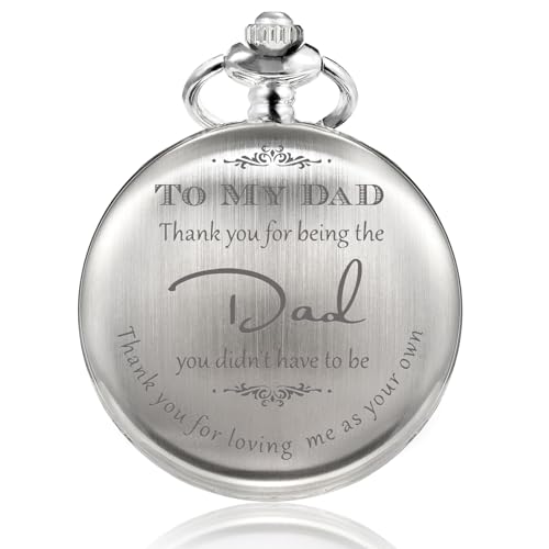 TREEWETO Pocket Watch Men Personalized Engraving “Thank You for Being The Dad Quartz Watches from Daughter to DAD Father Engraved with Chain, Silver