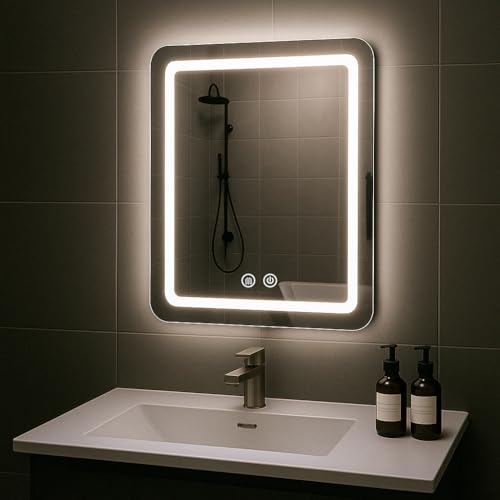 JOHALXER LED Bathroom Mirror, 20x28 in Vanity Mirrors with Backlit Lights for Shaving, Fogless Makeup Mirror Wall Mounted with Demister, Dimmable 3 Color Lighting, IP54