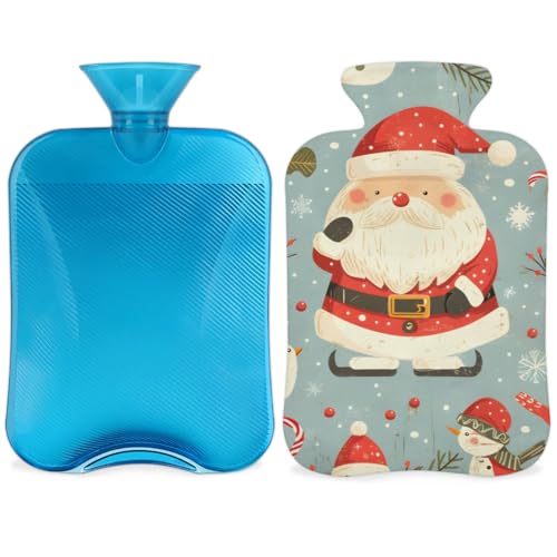 Hot Water Bottle with Soft Cover,2L Fantastic Santa Claus Hot Water Bag for Hot and Cold Compress, Hand Feet Warmer, Watercolor Santa Claus Rubber Hot Cold Water Bottle Halloween Christmas Decorations