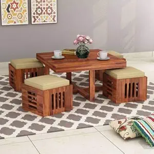 MURALICRAFT Solid Sheesham Wood Coffee Table With 4 Stool|Square Sofa Centre Table|Tea Center Table With 4 Stools For Living Room|Patio Teapoy Table With Four Puffy For Home|Rosewood,Natural Honey