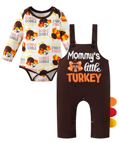 WENSIVIA Infant Baby Boy Turkey Mommy's Little Turkey Bodysuit Romper Overalls Suspender Pants Set?Brown,3-6 Months
