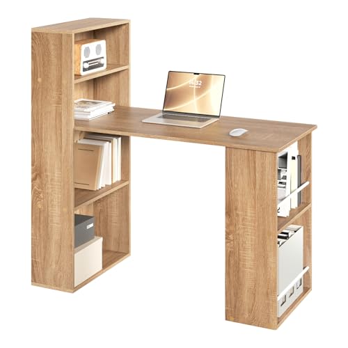 eSituro Escritorio de Oficina con Estantería y Almacenamiento   Mesa Estudio Multifuncional para Ordenador, Dormitorio, Estudio, 120x55x122 cm, Marrón