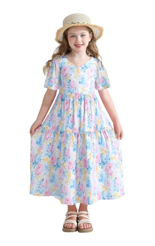 Girls Summer Maxi Dress Boho Flowy Tiered Beach Sundress Holiday Dresses 3-12Y