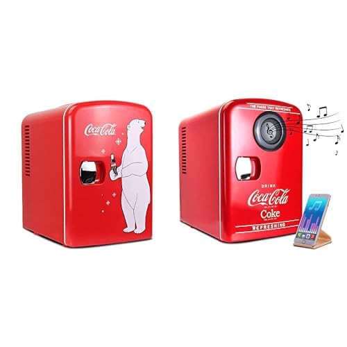 Koolatron Mini Fridge 4L Small Fridge 6 Can Quite Mini Fridges Mini Cooler Warmer for Office Home Travel PB Red + Coke Mini Fridge 4L Mini Cooler with Built-In Bluetooth Wireless Speaker for Desk Red
