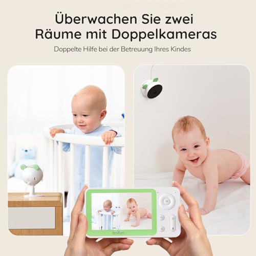BOIFUN Babyphone mit 2 Kameras WLAN und App,Split-Screen-Ansicht,Bewegungs/Geräuscherkennung,VOX Modus,1080P HD,4×Zoom,4,3 Zoll LCD-Display Babyfon,Fütterungserinnerungen,Zonenalarme,Wiegenlied