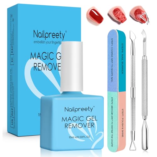15ml Gel Nail Polish Remover Kit Fast Gel Polish Remover with Nail Polish Peeler Scraper and Nail File Buffer Easily Removes Polish within 2-5 Minutes
