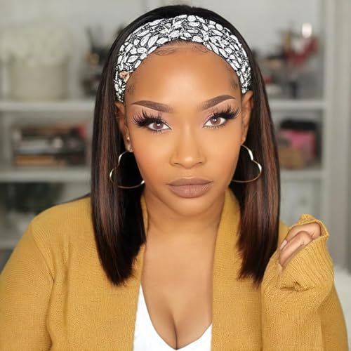 Celiarita Highlight Straight Headband Wig Human Hair Wigs #P2/30 Glueless None Lace Front Machine Made Brazilian Virgin Ombre Straight Human Hair Headband Wigs for Black Women 12 Inch