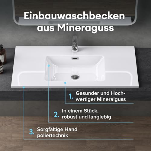 doporro Waschbecken Einbauwaschbecken mineralguss 90x48x14 cm weiß Einbauwaschtisch mit Überlauf Waschtisch Handwaschbecken Col02