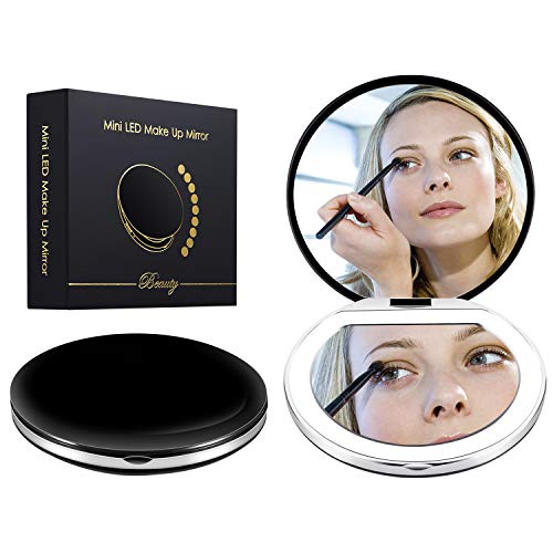 Led Compact Mirror [2019 Newest] Lighted Travel Makeup Mirror Rechargeable Led Purse Mirror Portable with Lights 1X 2X Magnification, Low/Middle/High Brightness Adjustable (Round, Black)