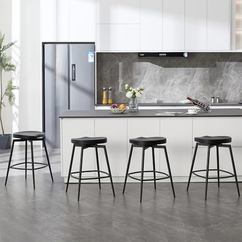 Image of 25'' Solid Wood Saddle Stools Set of 2, Swivel Counter Height Bar Stools Backless, Wooden Bar Stools with Metal Legs and Ergonomics Seat for Kitchen Island, Black