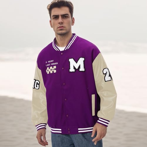 Image of Mens Varsity Jacket Baseball Bomber Jacket Vintage Unisex Streetwear Coats with Patchwork Hipster Utility Tops