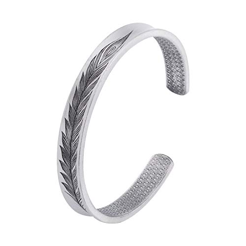 Bracelet plume argent S925 homme femme jonc ouvert style chinois