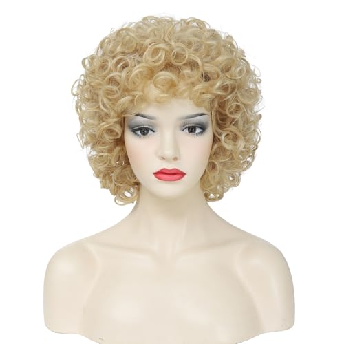 Image of Women's short curly wig, 70s disco style afro wig, wig for Halloween cosplay and parties (Light Blonde)
