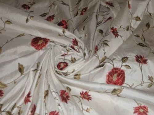 Tissu Dupioni en soie de couleur blanche fleurs rouges pour rideaux couture 137cm