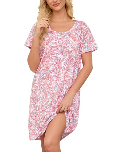 Image of ENJOYNIGHT Womens Cotton Nightgown Short Sleeve Sleepshirt Print Nightshirt | Short-Sleeve Crew Neck, Soft Cotton Fabric, Cartoon Printed Sleep Shirt, Loose Fit