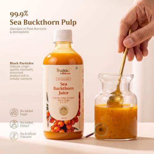 Image of Baidyanath Trusoul Sea Buckthorn Juice 500ml | Himalayan Ladakh Berry Fruit Pulp Concentrate | Omega 3 6 7 9 | Supports Immunity, Skin Glow & Gut Health | No Added Sugar | GMP Certified