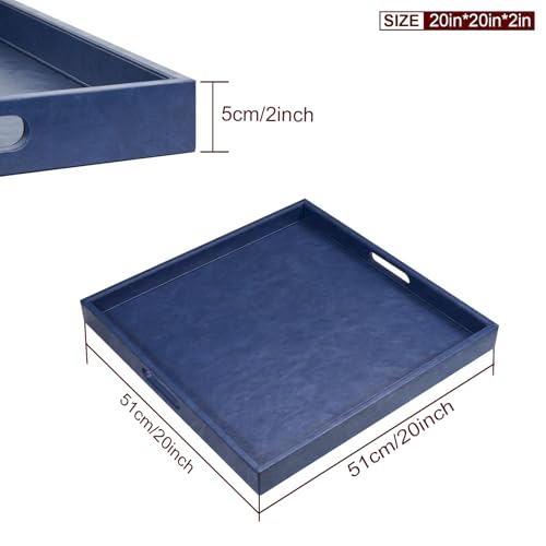LNFUMS Large 20 x 20 inches Square Leather Ottoman Coffee Table Food Serving Tray with Handles for Decorative Living Room, Butler - Countertop, Kitchen, Family Dinner, Picnic - Blue by LNFUMS - Image 4