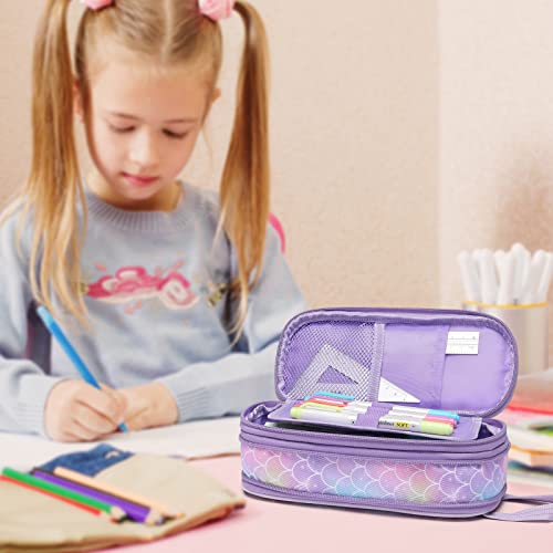 Image of Bagseri 2 Pack Pencil Case for Girls - Expandable Cute Pencil Pouch for Kids Large Capacity Pencil Bag Organizer for School (Purple Mermaid and Pink Unicorn)