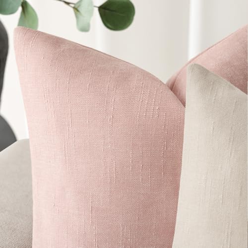 Image of Foindtower Pack of 2 Soft Textured Chenille Throw Decorative Pillow Covers Square Accent Solid Cushion Cover Neutral Farmhouse Pillow Case for Couch Sofa Bedroom Living Room 18x18 Inch,Light Pink