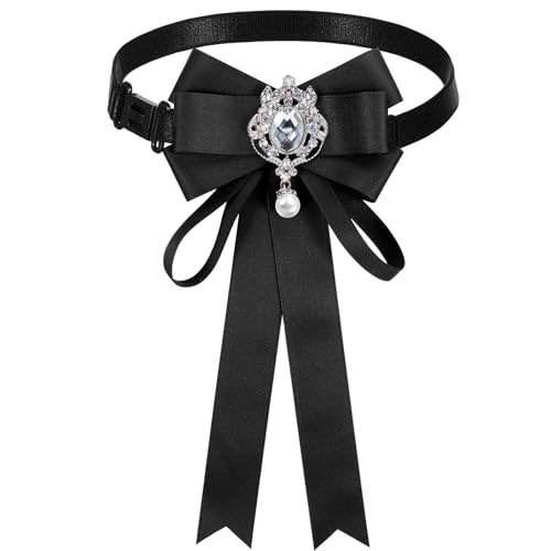 Bowknot Rhinestone Ribbon Bow Brooch, Adjustable Pre-Tied Bow Tie Solid Color Ribbon Bowtie for Women Wedding Party Christmas Gifts
