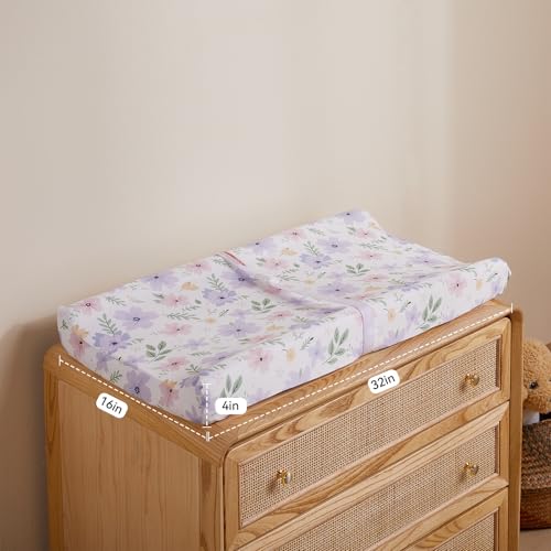 Image of Changing Pad Cover Girl Set in Soft Jersey Material - Fits 32 inch /34''x16 Contoured Pad for Babies, Brilliant Little Flowers and Purple