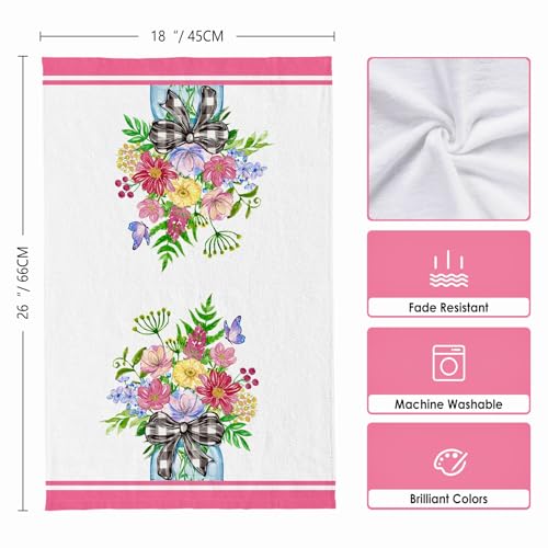 Image of Summer Wildflower Kitchen Towels, Butterfly Dish Towels Set of 2, Spring Watercolor Pink Floral Farmhouse 18 x 26 Inch Hand Towel Quick Drying Dishcloth Decor for Kitchen Bathroom Home