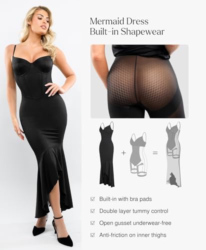 Image of Popilush Corset Dress Built in Shapewear - Formal Dress for Women Deep V Neck Maxi Slip Bridesmaid Dresses for Wedding