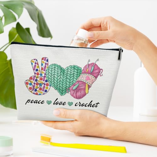 Crochet Gifts Makeup Bag, Knitting Gifts for Women, Knitters Lovers, Peace Love Crochet Cosmetic Bag for Purse4