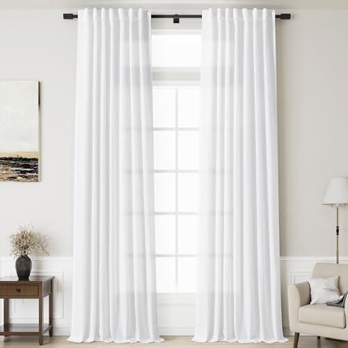 Image of Linen White Curtains 135 inch Extra Long for Living Room Back Tab Light Filtering Semi Sheer Drapes Modern Farmhouse Coastal Decor Cotton Textured Curtain for Floor to Ceiling High Window 52x135