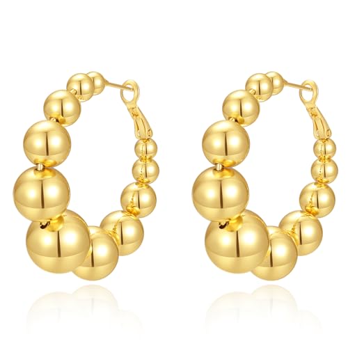 Hius 18K Gold Plated Beaded Hoop Earrings for Women, Thick