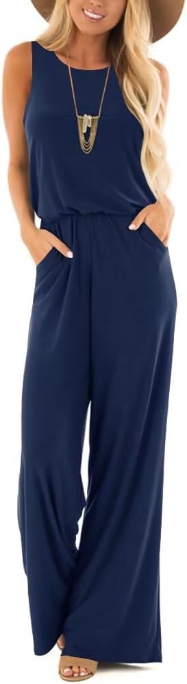 Lacozy Womens Casual Loose Sleeveless Jumpsuit Crew Neck Supersoft Rompers Sexy Tank Jumper With Pockets