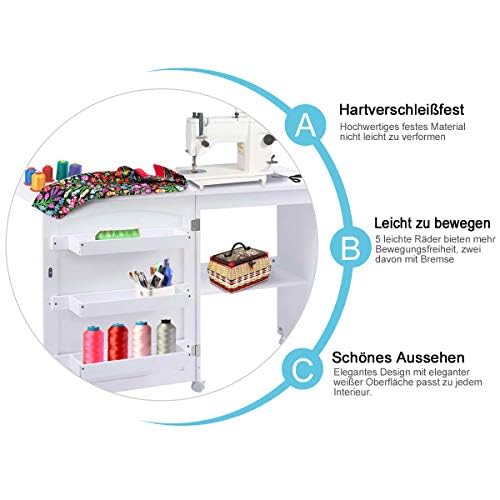 FANTASK Mesa de Costura Plegable 2 en 1 de Madera con 3 estantes para bobinas y Ruedas con Bloqueo, Color Blanco