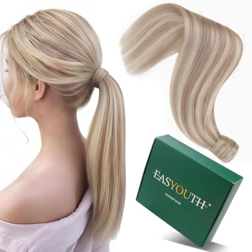 Image of Easyouth Pony Tail Extensions, 18 Inch 80G, Blonde Human Hair Ponytail Extension, Ash Blonde Highlight Blonde, Real Hair Ponytail Extension, Lightweight Wrap Around Ponytail Hair for Women