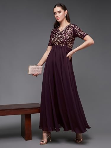 Image of Miss Chase Women's V-Neck Full Sleeve Self Design Lace-Overlaid Georgette Maxi Dress