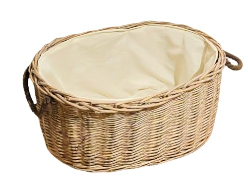 Dekoleidenschaft großer Aufbewahrungskorb aus Weide im Shabby Look, Feuerholzkorb, Brennholzkorb (ohne Stoffpatch)-3