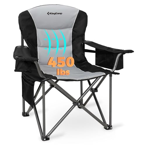 KingCamp Oversized Camping Folding Chair, Heavy Duty 450 LBS with Lumbar Support, Padded seat with Cup Holder&Cooler Bag, Ideal for Camp, Fishing, Sports Event, Backyard, Patio, Lawn (Black/Grey)