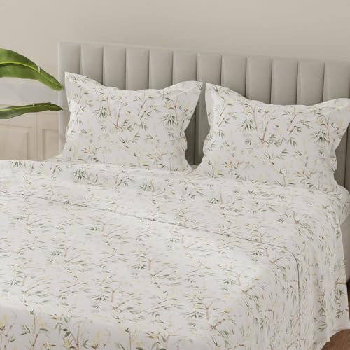 Image of Layers 100% Cotton Bedsheet for King Size Bed | Lumina Floret Collection | 144 TC Soft & Breathable | Printed with 2 Pillow Covers | Wrinkle Free & Colorfast | 3 Piece Bedding Set - Green & White