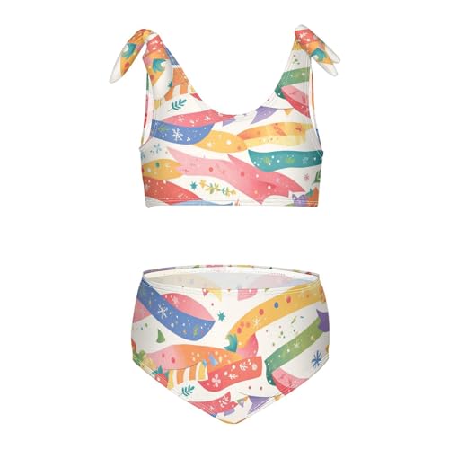 Cute Cartoon Christmas Elements Girls 2 Piece Kids Bikini Set Scoop Neck Bathing Suit Swimwear Adjustable Shoulder Strap