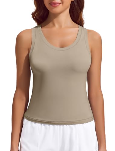 PINSPARK Athletic Tops for Women Double Lined Workout Tank Top Scoop Neck Gym Tshirt Comfortable Cropped Yoga Shirt, Khaki XXL