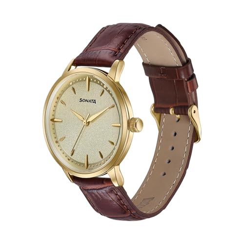 Image of Sonata Jashn with Quartz Analog Gold Dial Brown Leather Strap Men's Wedding Watch - 77208YL01