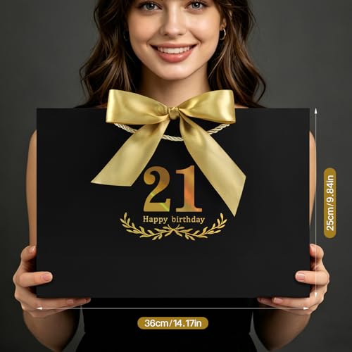Image of JMANNI Black Gold 21st Birthday Gift Bag with Card and Tissue Paper, 14.2 inchx9.84 inchx4.3 inch Large Present Bag for Adults, 21 Year Old Birthday Keepsake Party Supplies