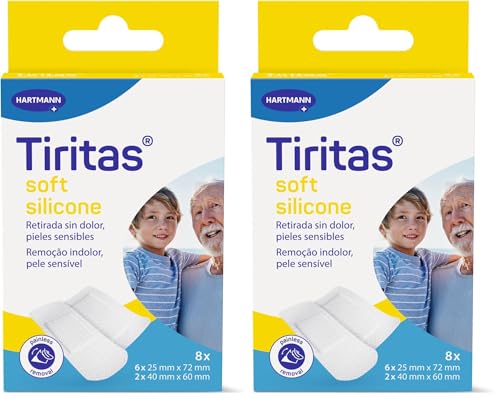 TIRITAS Soft Silicone: Apósitos de color blanco con adhesivo siliconado; Indicadas para las pieles más sensibles y frágiles, Retirada indolora; 2 tamaños 8 unidades (Paquete de 2)