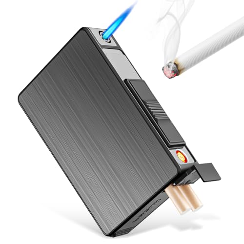 WIYETY Pitillera con encendedor sin llama: Pitillera extraíble de metal, resistente al viento para 20 cigarrillos, carga USB para hombres y papá (se vende sin gas)