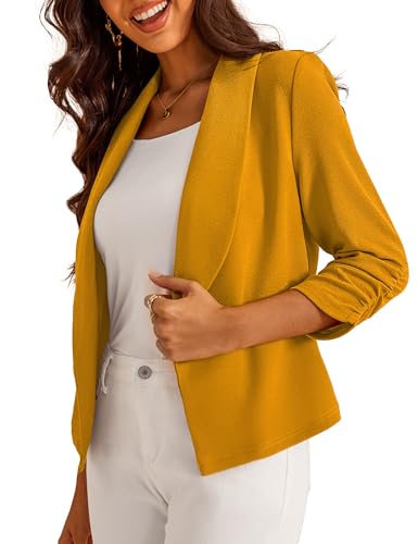 GoMamee Women's 3/4 Sleeve Cropped Blazer Lightweight Open Front Cardigan Jacket for Business Causal Mustard, Small