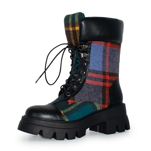 KEEISEA Women's Plaid combat boots platform Chunky Heel Adjustable Lace