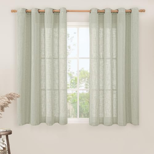 Image of LAMIT Sage Grey Sheer Linen Curtains 54 Inch Length for Bedroom, Bronze Grommet Light Filtering Panels Neutral Drapes for Living Room /Window, 2 Panels Set, 52 x 54 Inch