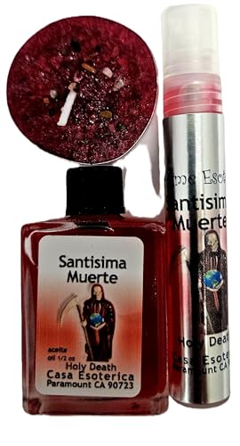 Tripack Santa muerte Roja, Holy Death Red ritual, Tealight, Aceite Espiritual y mini Perfume esoterico, casa esoterica