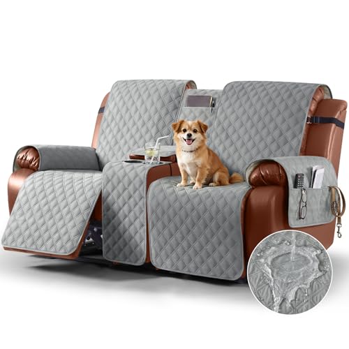 Image of Ruaozz Waterproof Loveseat Recliner Cover with Console Non-Slip Reclining Couch Covers Split Sofa Slipcovers with Elastic Straps Furniture Protector for Kids, Dogs, Pets (Light Grey, 2 Seater)