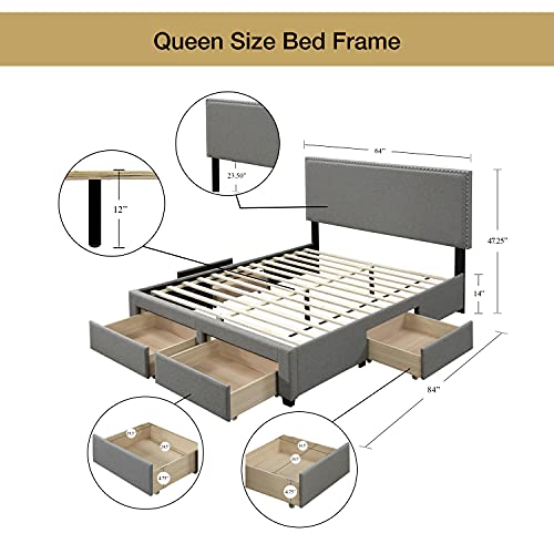 Dg Casa Lucas Upholstered Platform Bed Frame With Storage Drawers Nailhead Trim Headboard And Full Wooden Slats, Box Spring Not Required-Queen Size In Grey Polyester Blend Fabric #TOP3